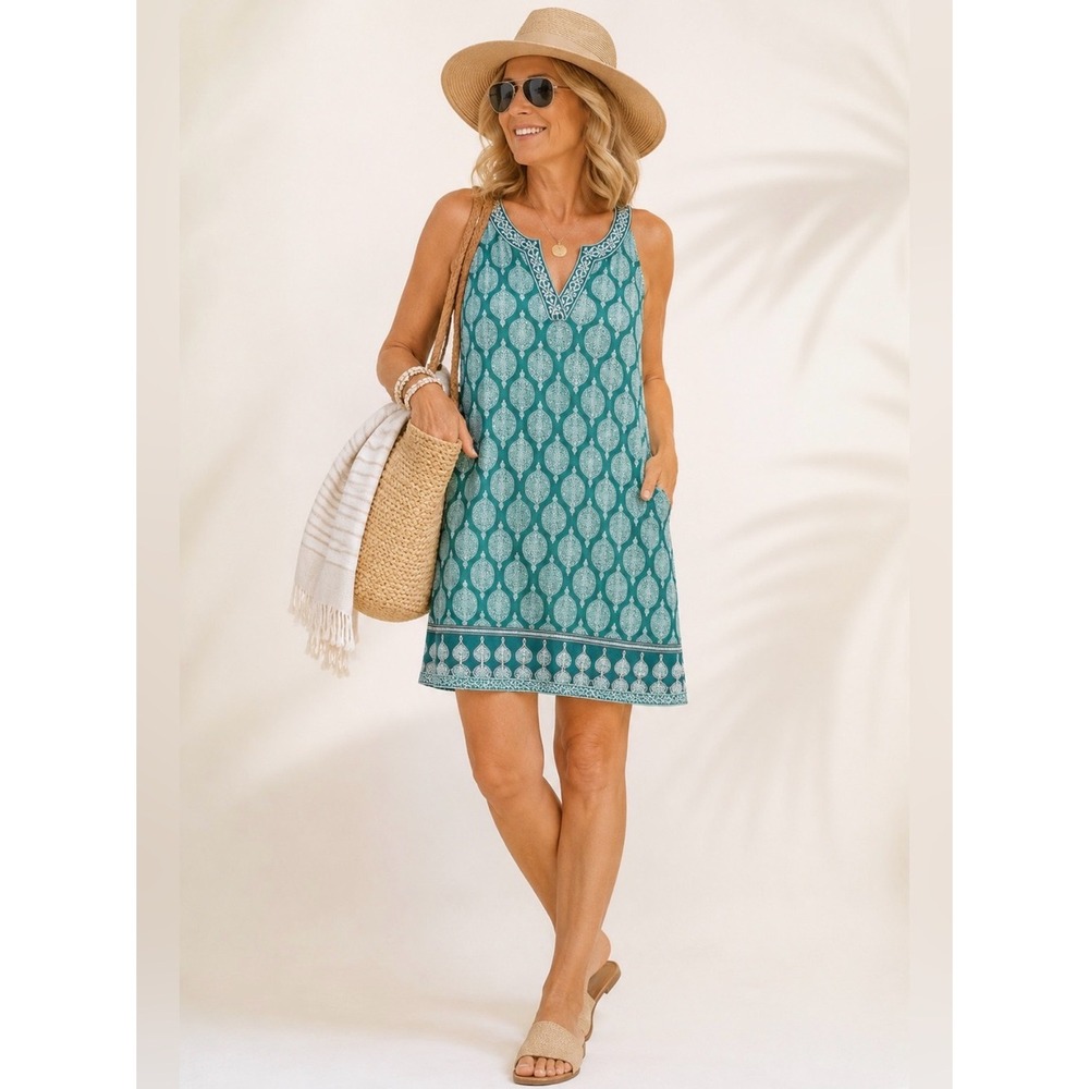 Magnolia Grace XXL Teal Medallion Print Shift Dress  Plus Size Boho Embroidered